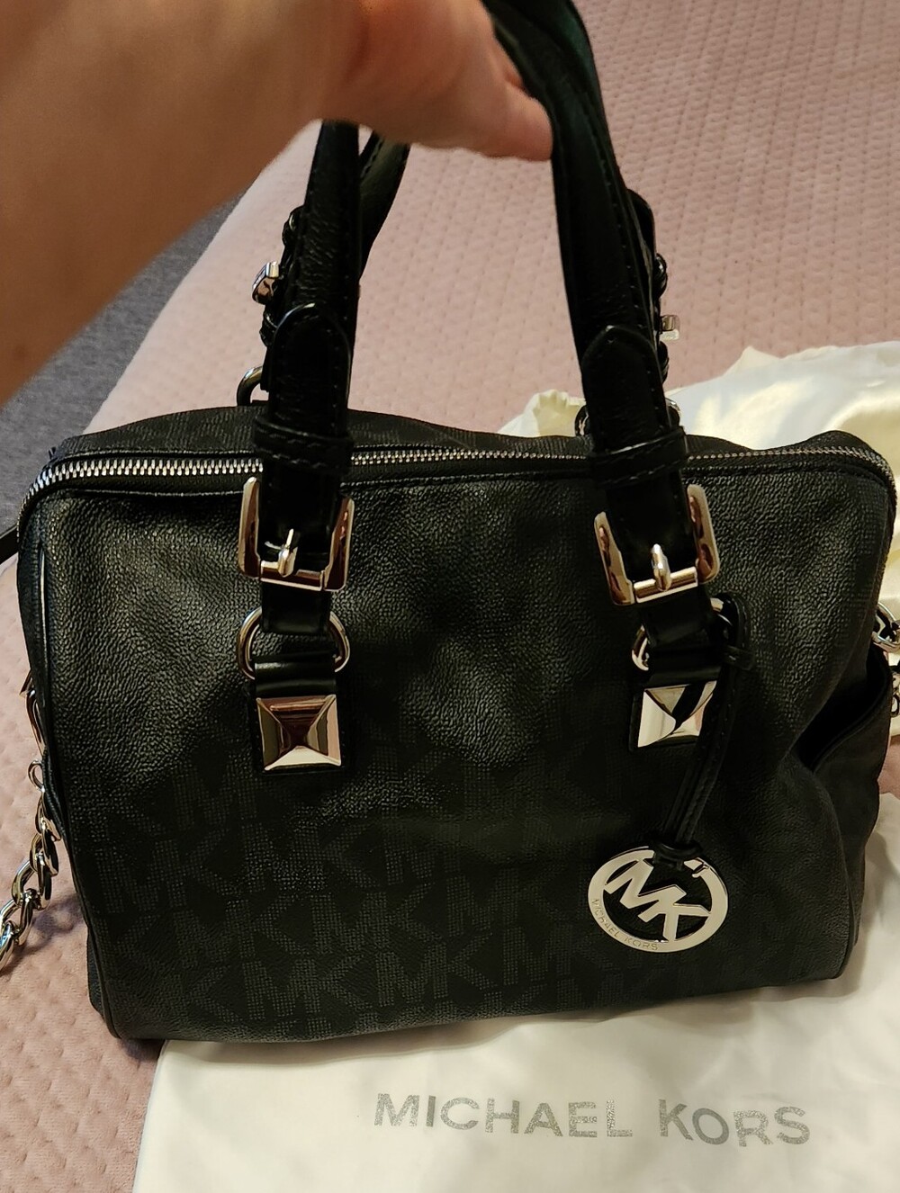 Michael Kors Black Logo Satchel with Silver Hardware